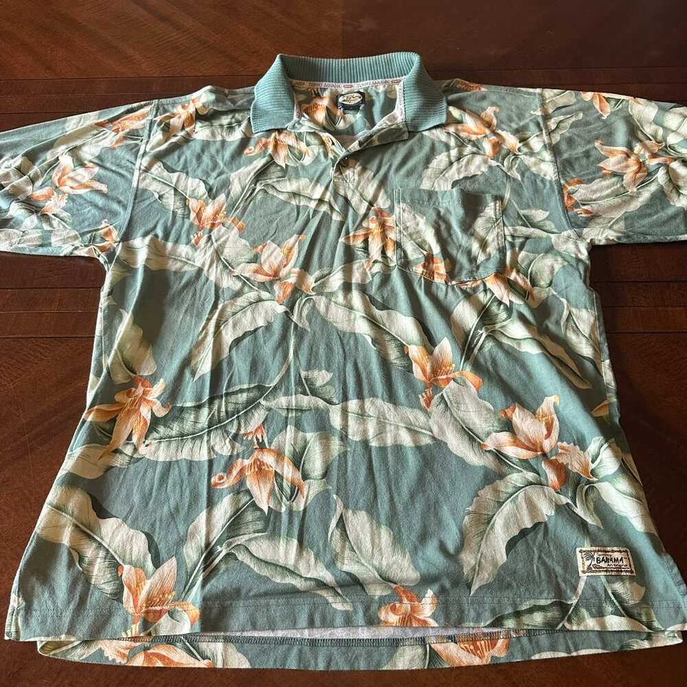 Tommy Bahama Men's Shirt XL Green Floral Hawaiian Camp Polo Retro Tropical VTG - Picture 1 of 3